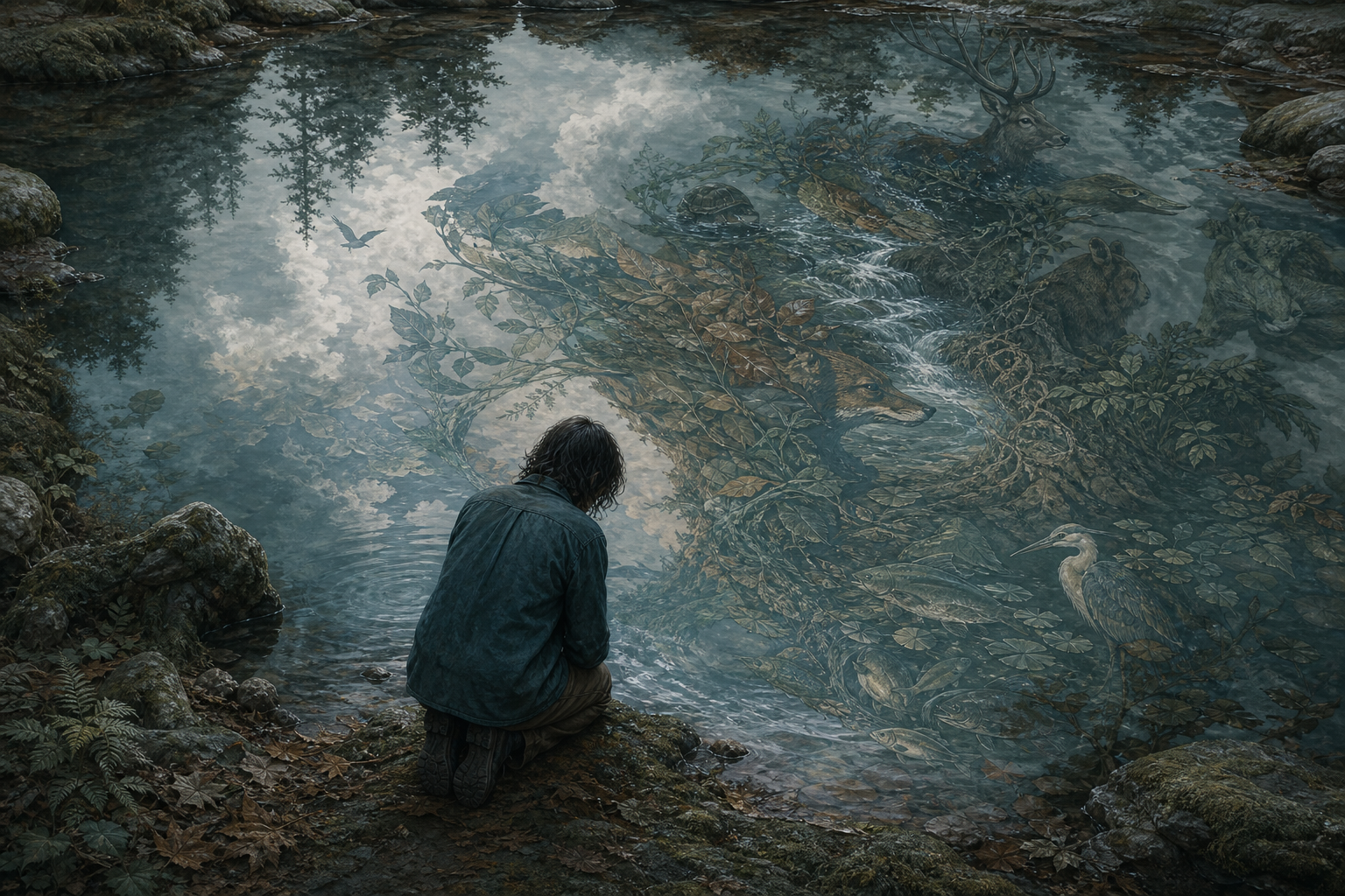 A kneeling person looks into a forest pool where their reflection blends with leaves, water, clouds, soil, and animals.