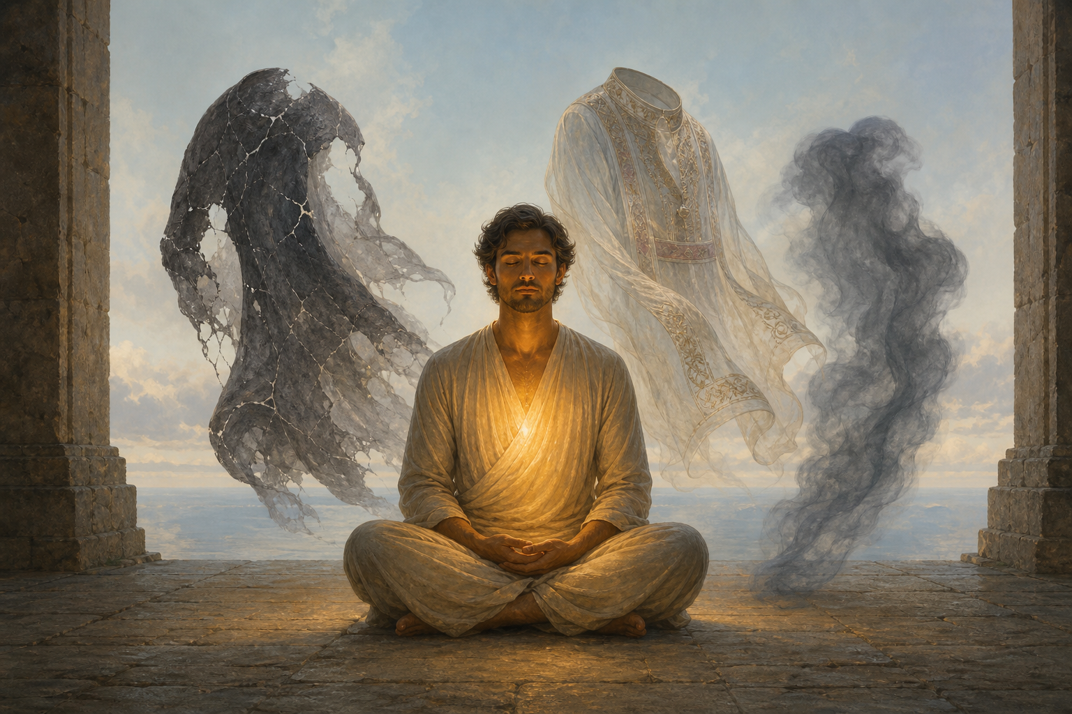 A meditating figure glows from within as three translucent outer coverings drift away in a quiet stone sanctuary.