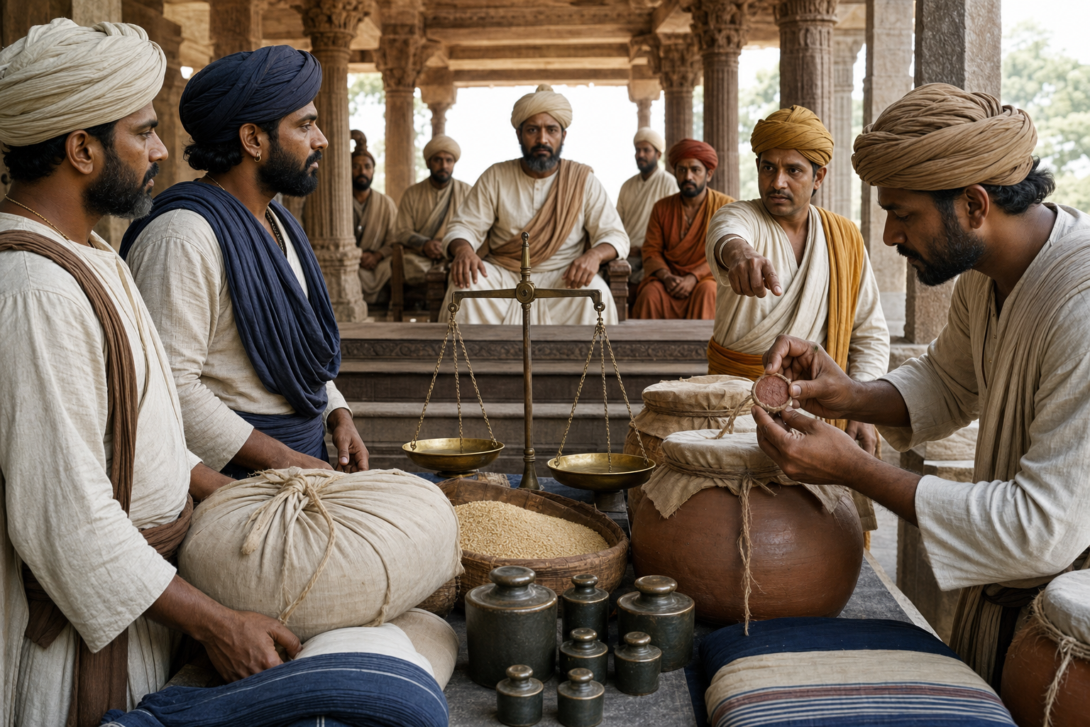 Court officials and merchants examine a balance, weights, sealed goods, grain, and cloth as evidence in a trade dispute.