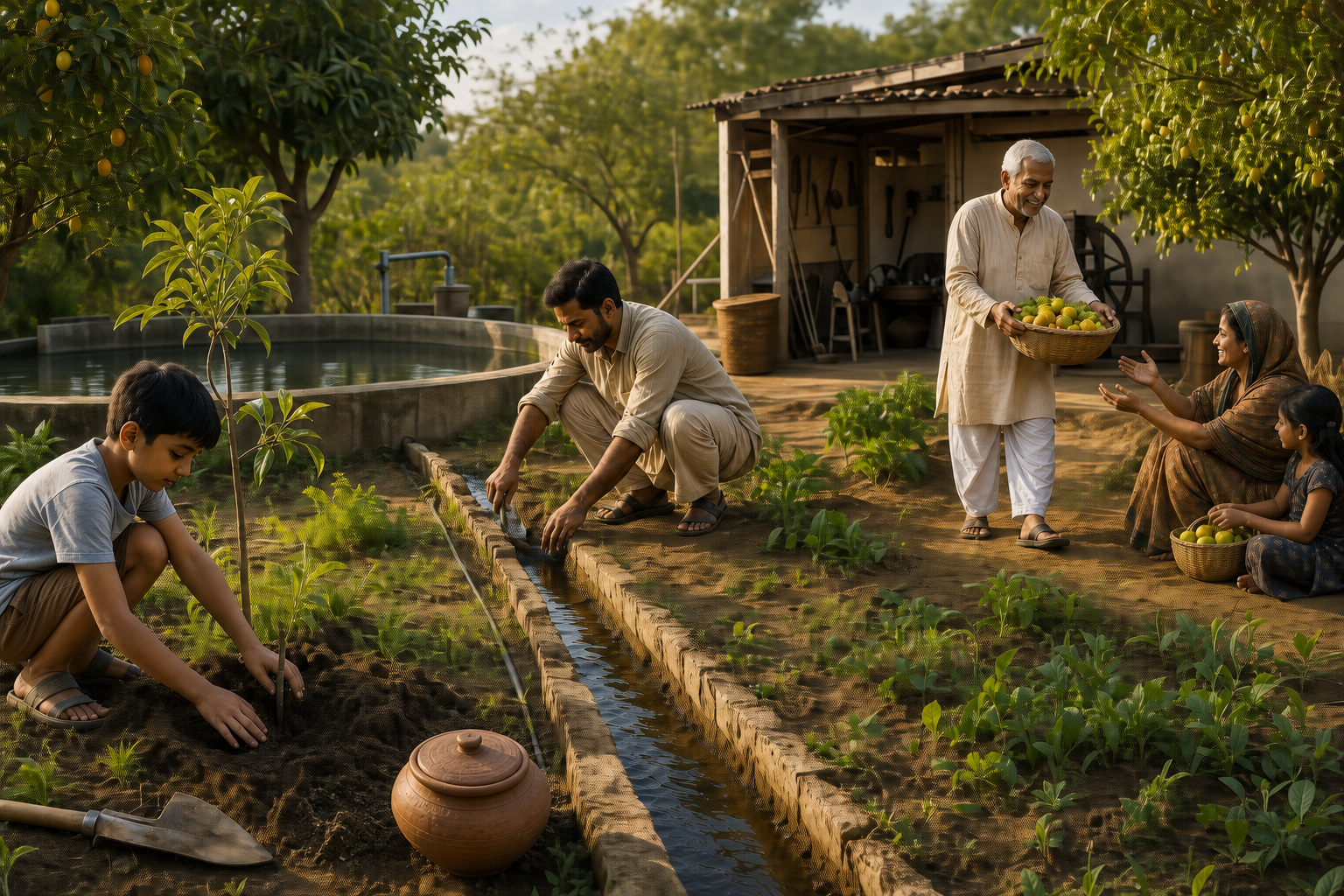 Three generations care for an orchard, irrigation channel, and workshop while sharing harvested fruit with neighbors.