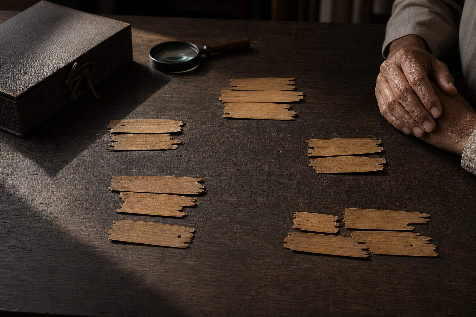 Broken palm-leaf folios lie in separated groups with large gaps on a wooden table beside a manuscript box and magnifying lens.