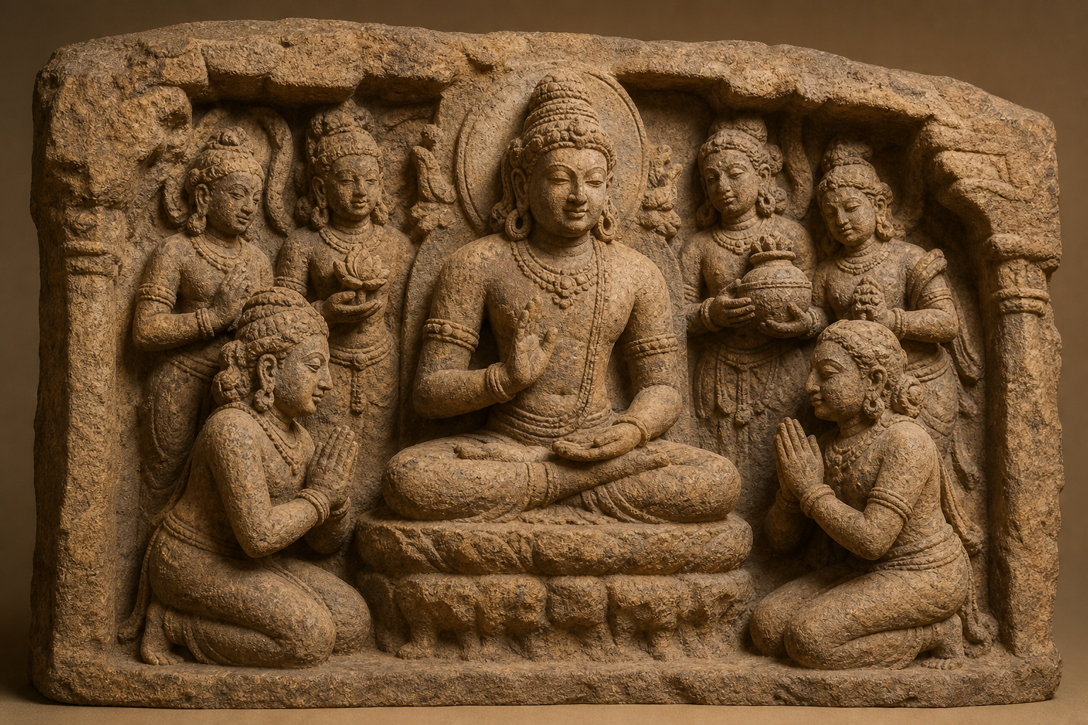 A sandstone relief shows joined-palmed devotees directing attention toward a seated sacred figure.