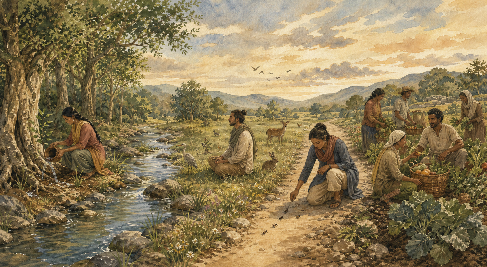 Four equally sized scenes show people watering a grove, meditating near wildlife, protecting insects on a path, and tending a shared field.