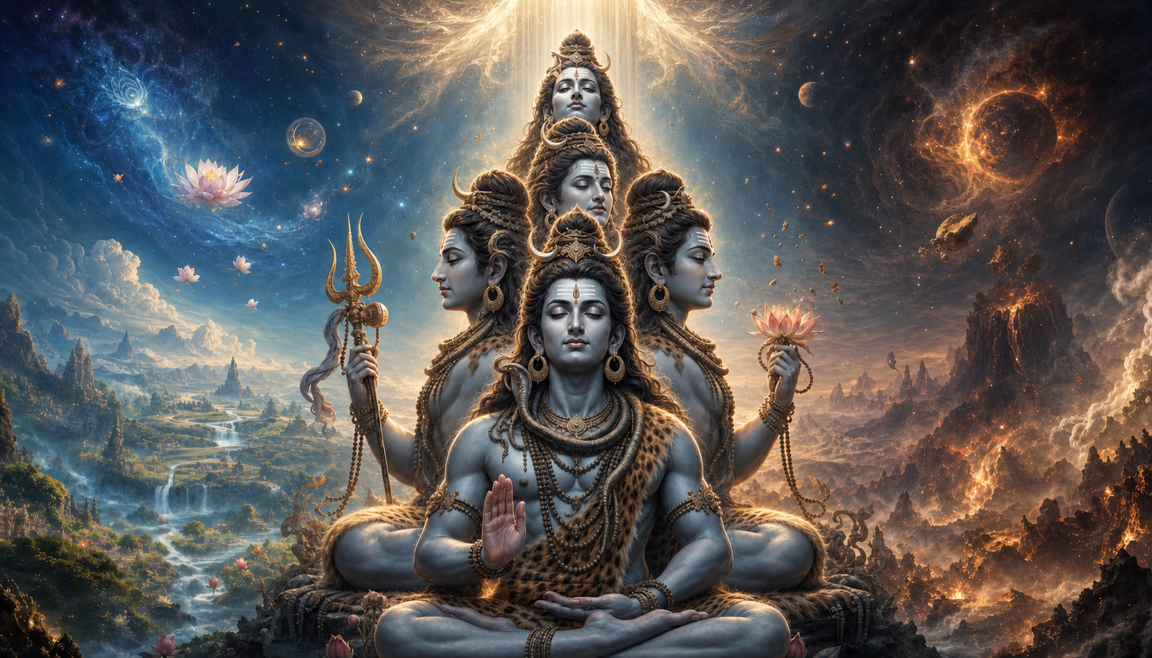 Five-faced Shiva sits within a cosmic landscape where forms emerge, endure, dissolve, become veiled and receive light.