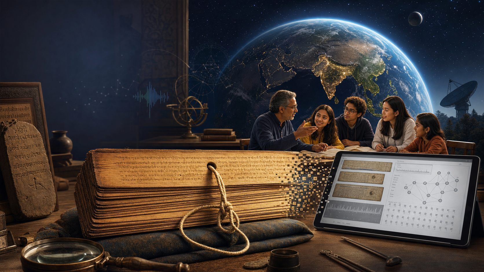 Palm-leaf Sanskrit manuscript beside a digital analysis tablet, with a teacher and students gathered before a glowing view of Earth from space.