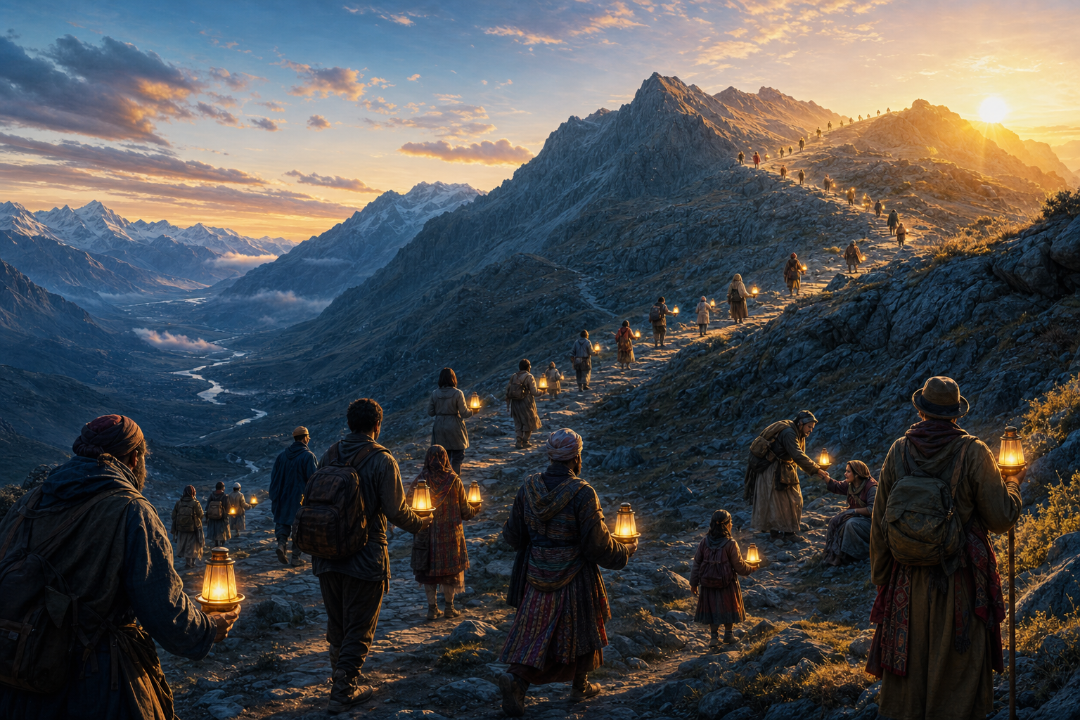 Pilgrims carrying equally bright lamps stand at different heights along a mountain path at dawn.