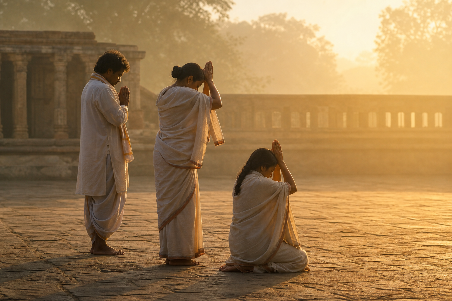 Three devotees face a shrine with joined hands held at the chest, face, and forehead while standing or kneeling.