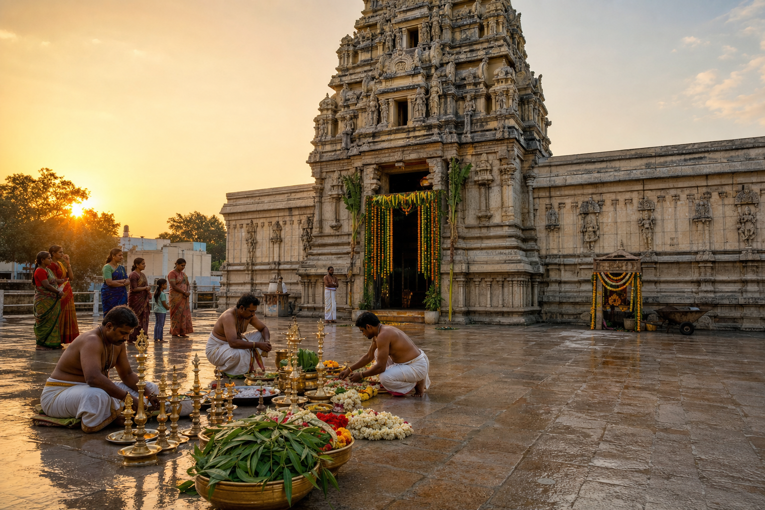 A South Indian temple courtyard being cleaned and decorated with lamps, flowers, and mango leaves before a festival.