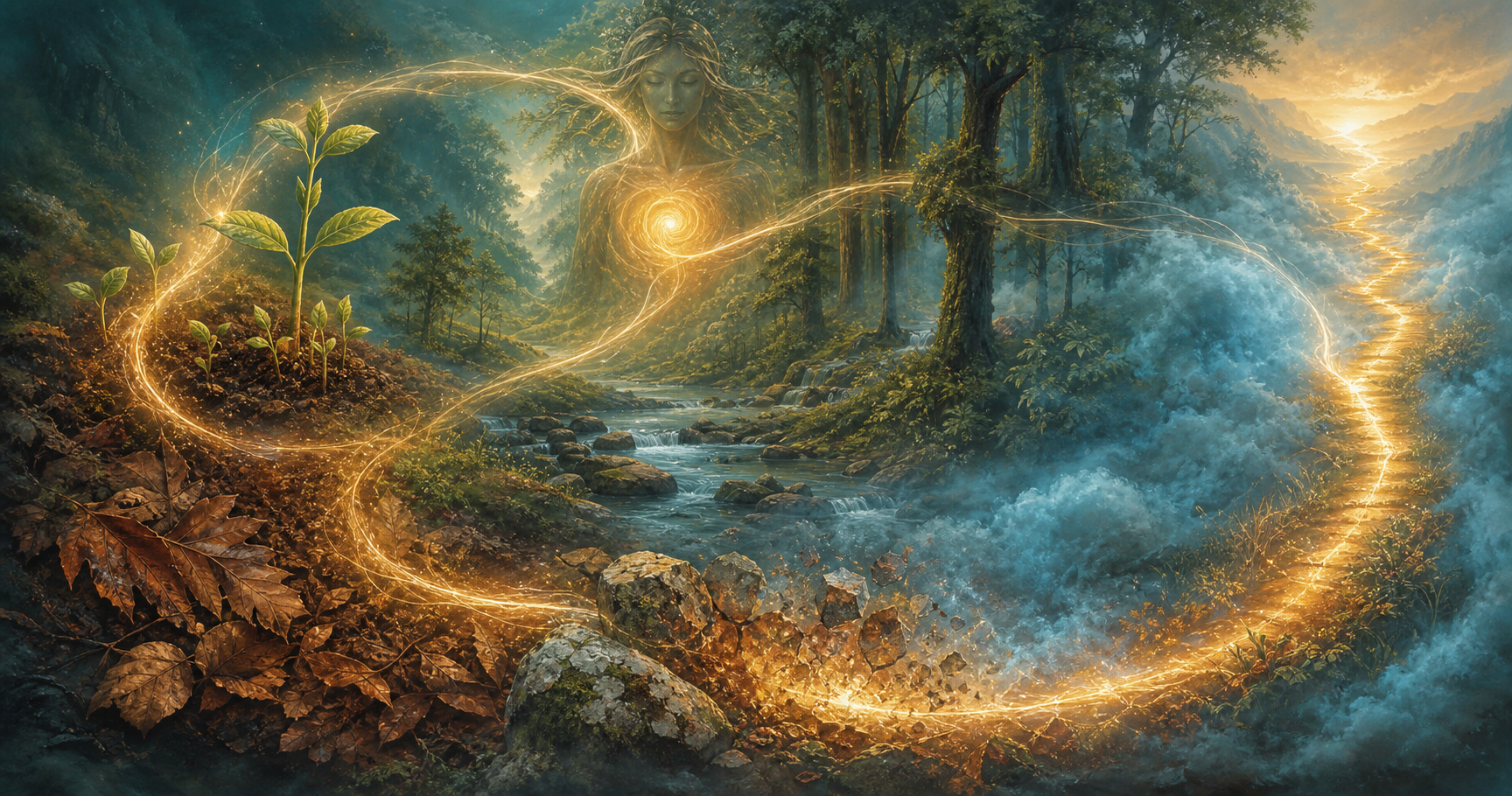 A continuous circular landscape depicts emergence, stability, dissolution, concealment and an opening of light.
