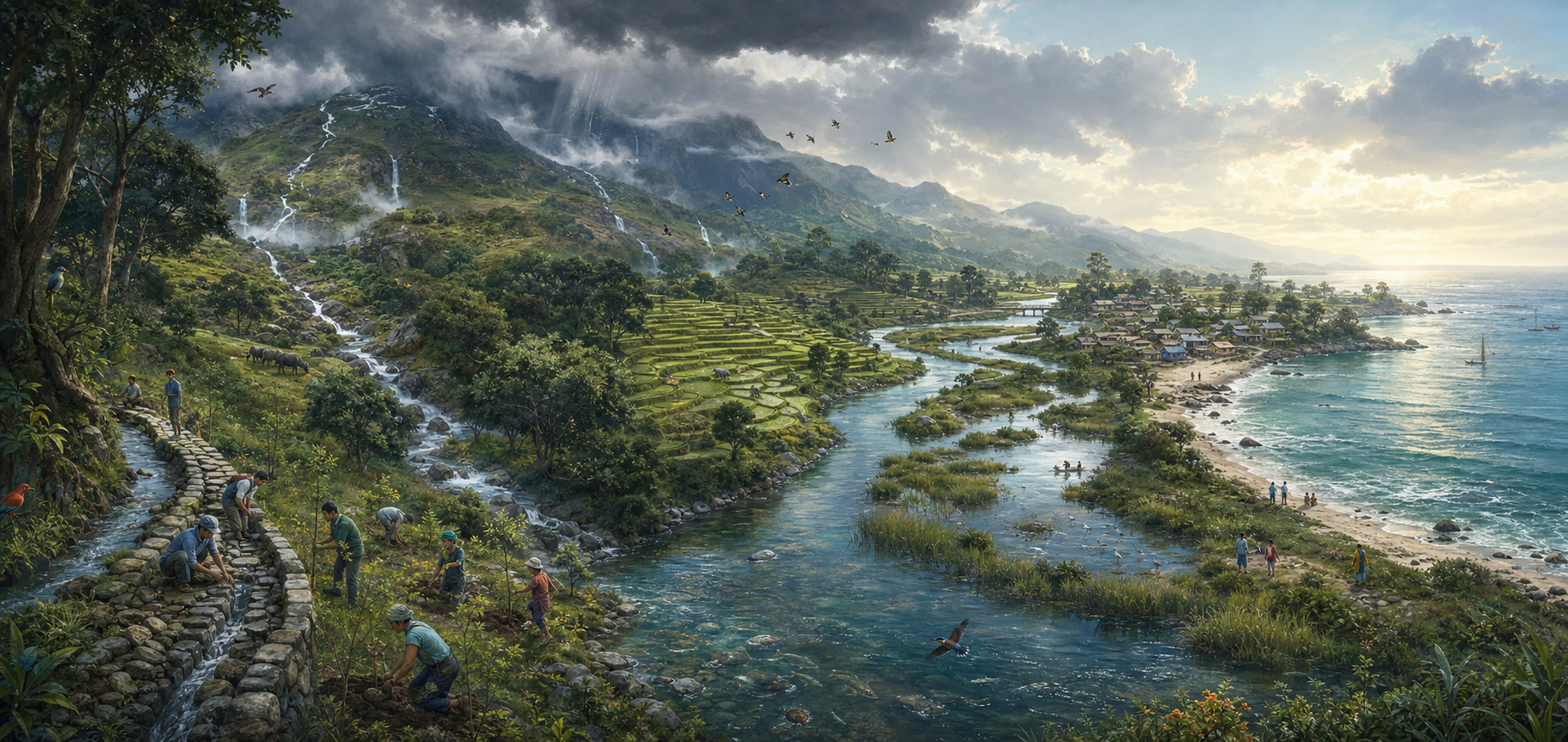 Rain moves through mountains, streams, farms, wetlands, forest, and a village while people restore channels and plant trees.