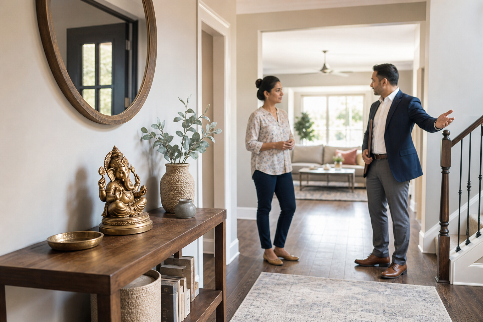 A Ganesh murti rests on an entryway console while a homeowner and real-estate professional stand inside a staged house.
