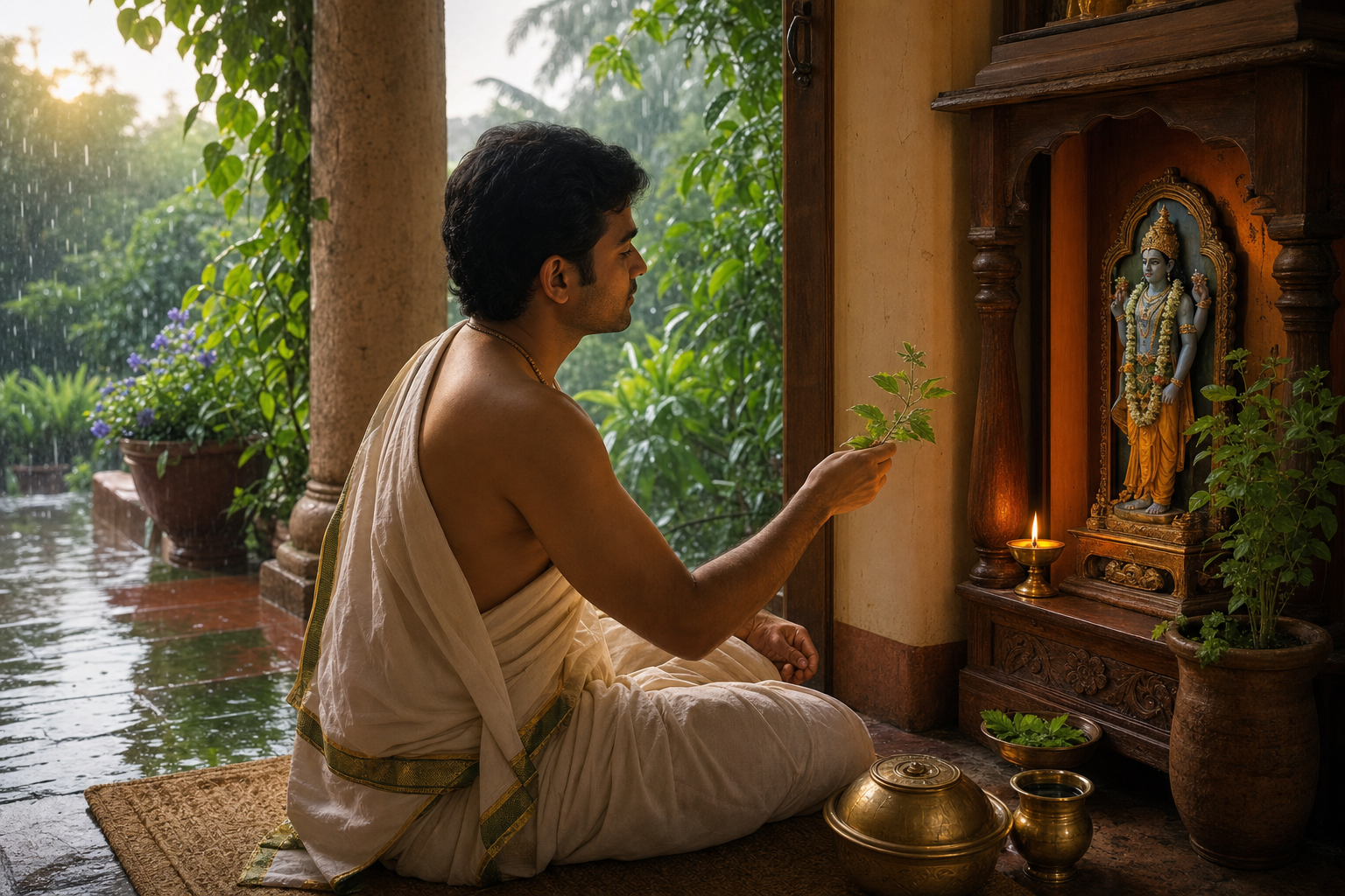A devotee offers tulsi leaves and an oil lamp at a Vishnu shrine while monsoon rain falls beyond the veranda.