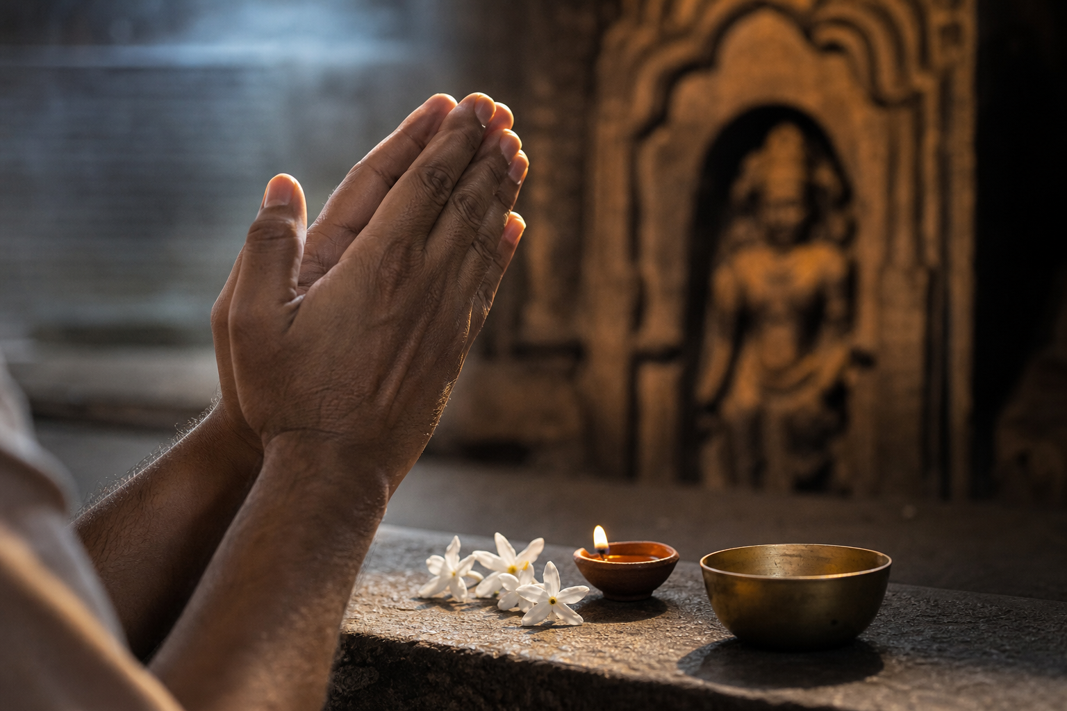 Joined hands hover above jasmine flowers, a clay lamp, and a brass bowl before a blurred shrine carving.