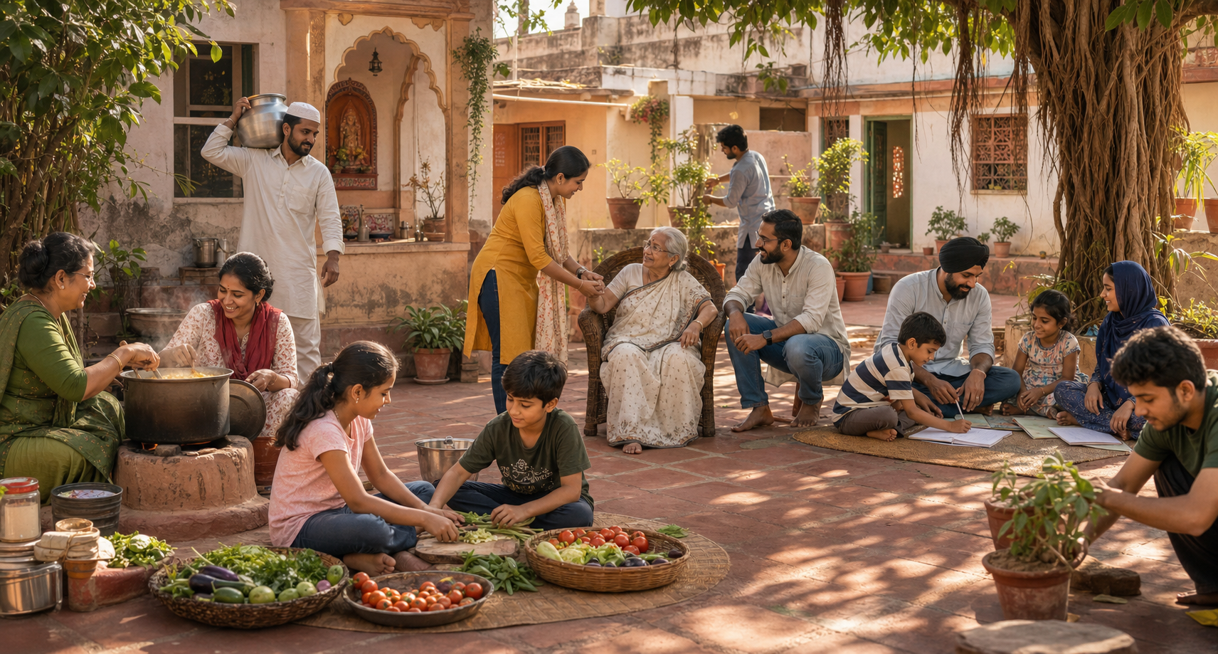 People of different ages work together to prepare food, carry water, teach children, garden, and assist an older person in a shared courtyard.