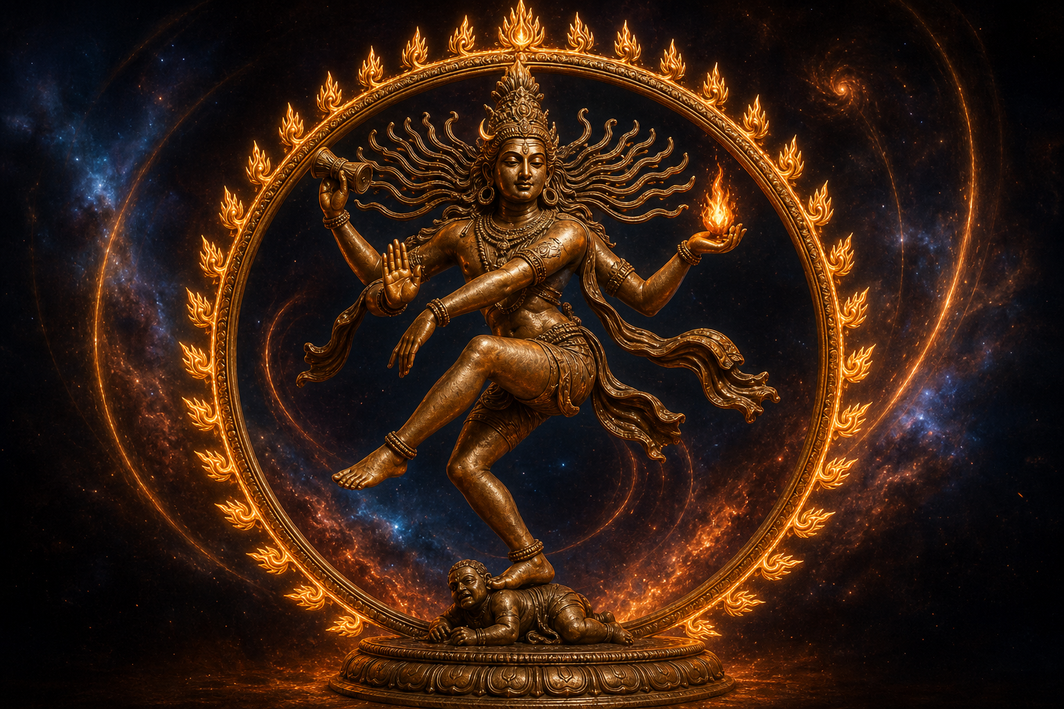 Dancing Shiva stands within a ring of fire, holding a drum and flame while raising one foot in a gesture of refuge.