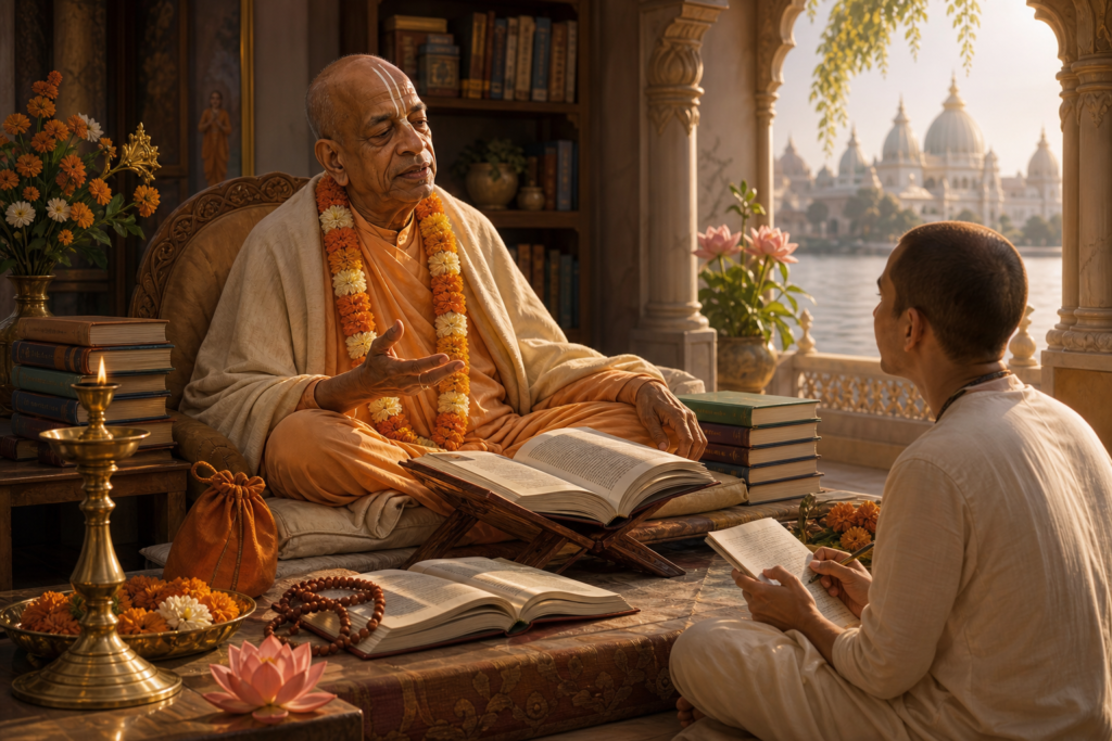 Elderly Gaudiya Vaishnava teacher instructing a disciple in a Mayapur temple study