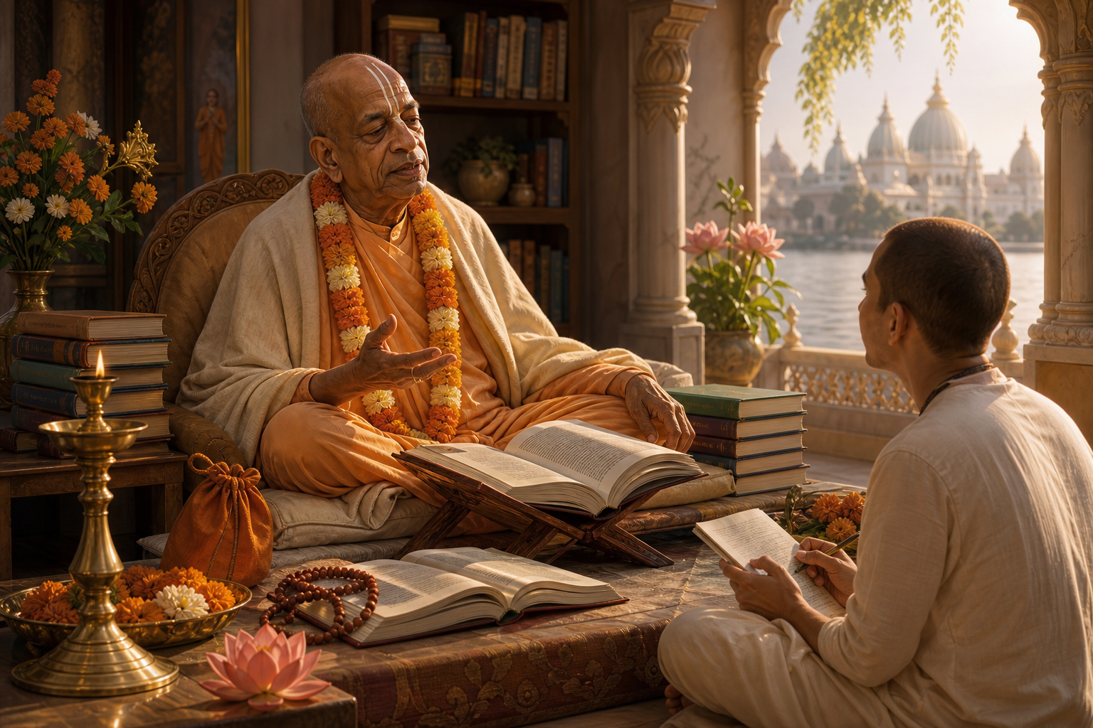 Elderly Gaudiya Vaishnava teacher instructing a disciple in a Mayapur temple study
