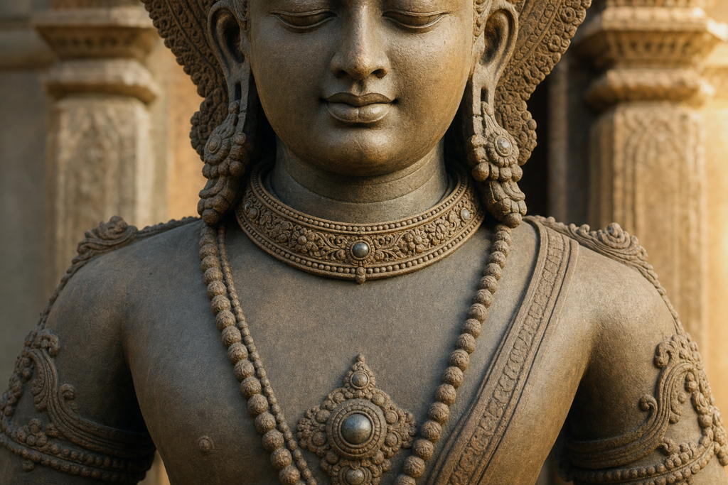 Close-up of a Hindu temple sculpture with an ornate graiveyaka collar at the neck