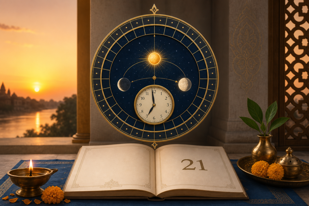 Illustrated Hindu Panchang for July 21, 2026, with a celestial Sun–Moon dial, morning clock, open calendar, diya and marigolds at sunrise.