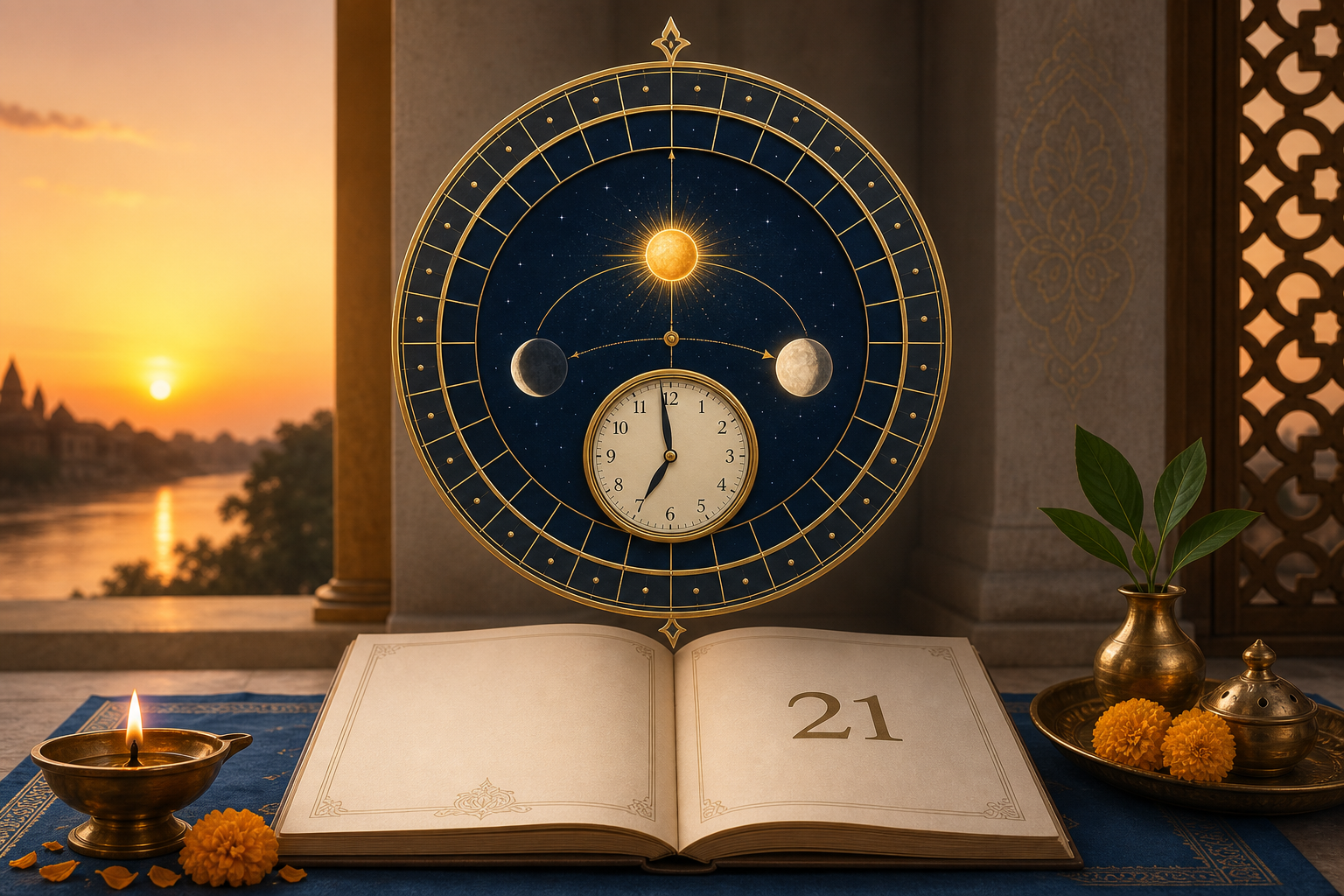 Illustrated Hindu Panchang for July 21, 2026, with a celestial Sun–Moon dial, morning clock, open calendar, diya and marigolds at sunrise.