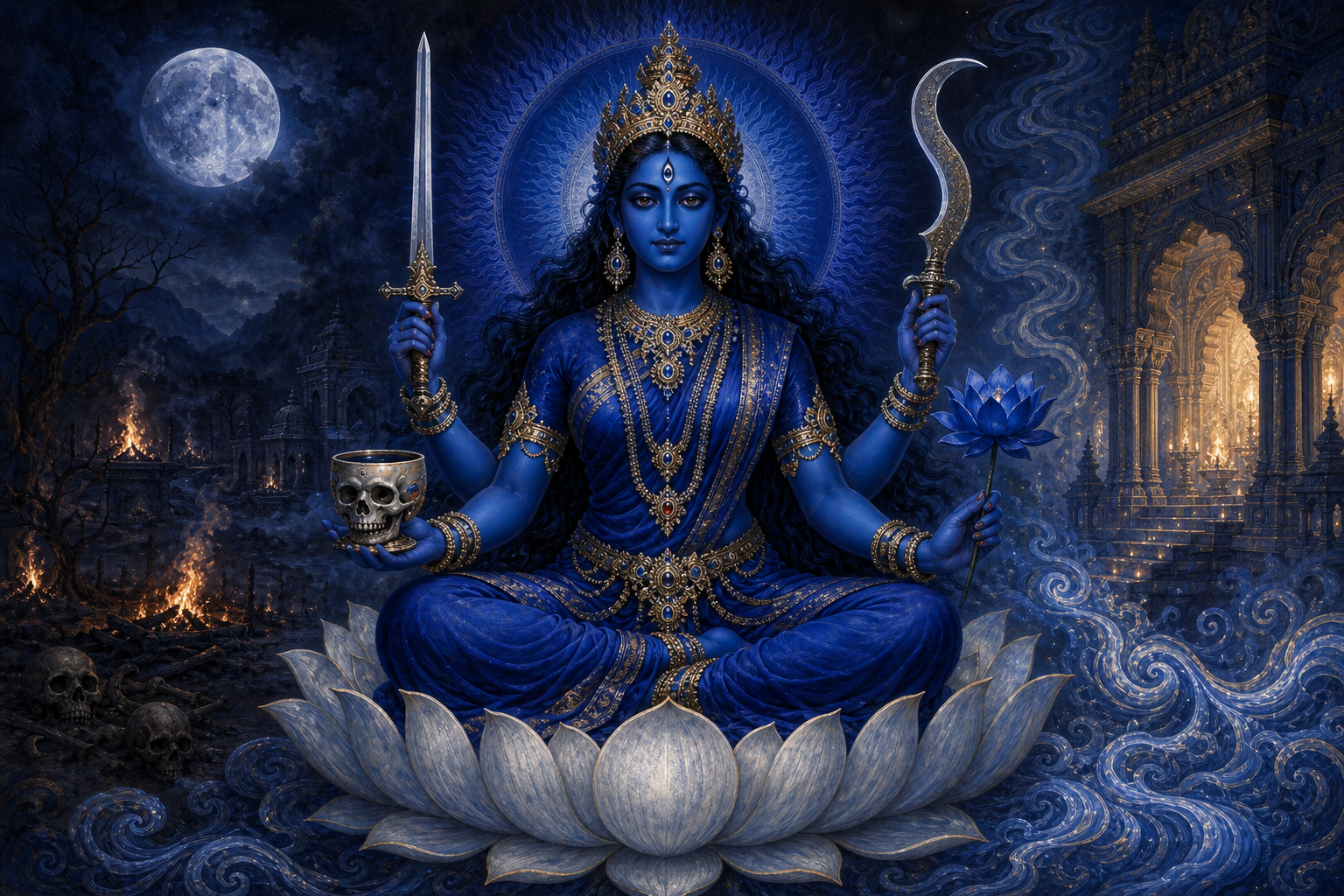 Blue four-armed Neel Saraswati sits on a lotus holding ritual implements, framed by an indigo halo between a temple sanctuary and a moonlit cremation ground.