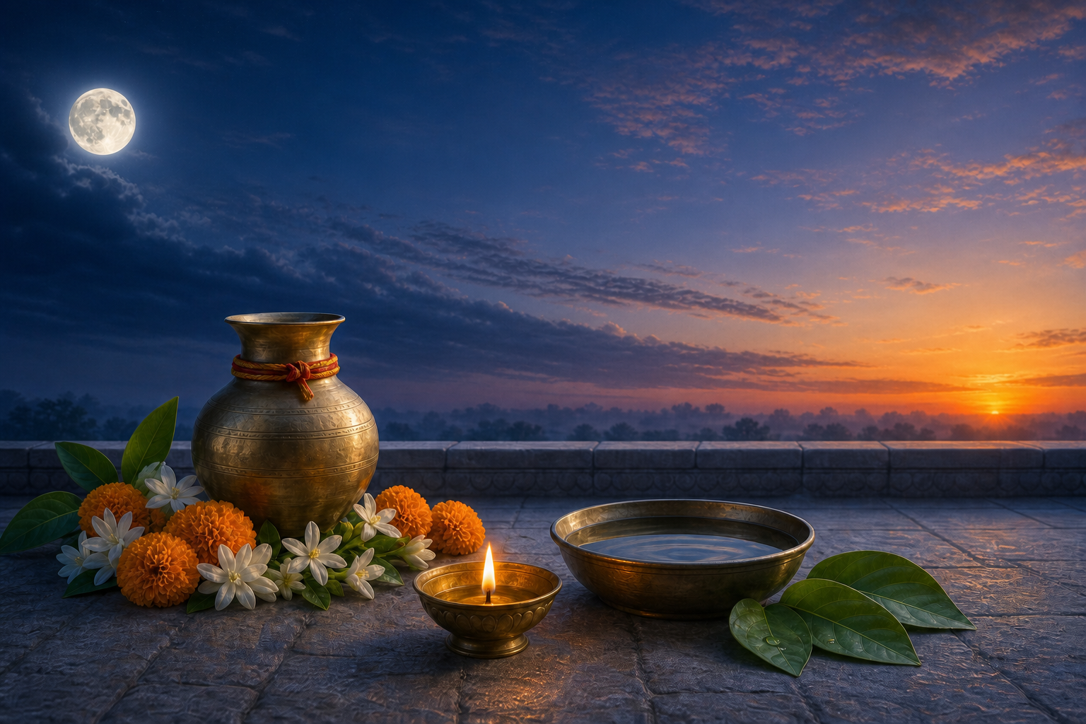 A full moon above a predawn horizon with a glowing oil lamp, brass vessel, flowers, leaves, and a bowl of water arranged for puja.