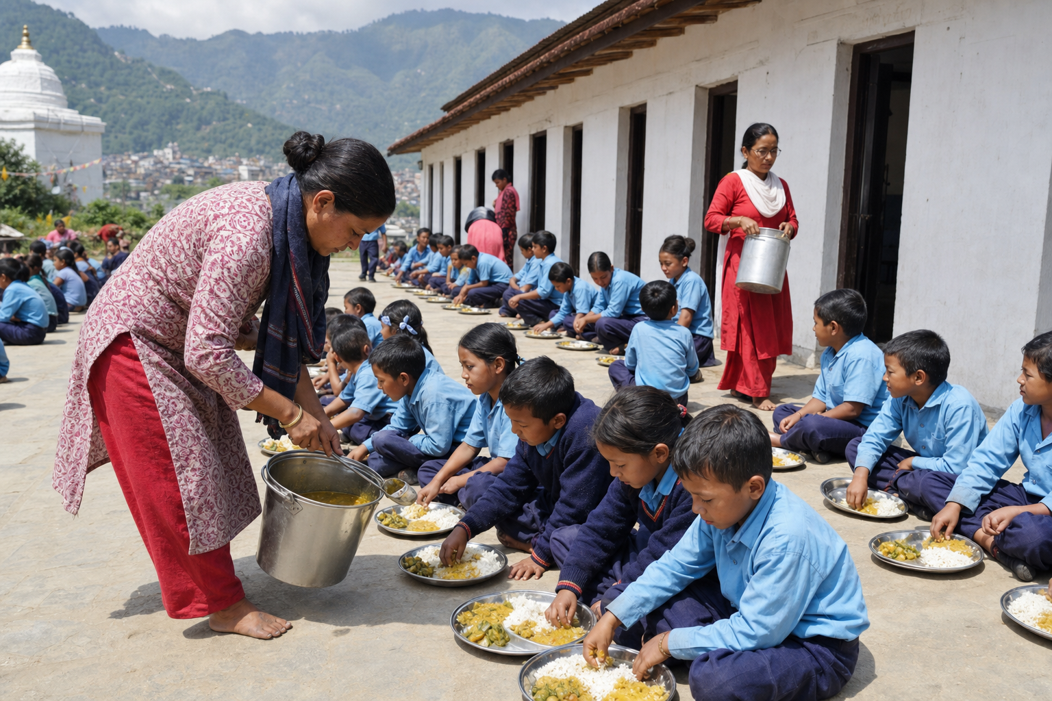 Community-school children in Nepal eat rice, lentils, and vegetables from stainless-steel plates as volunteers serve a midday meal in a school courtyard.