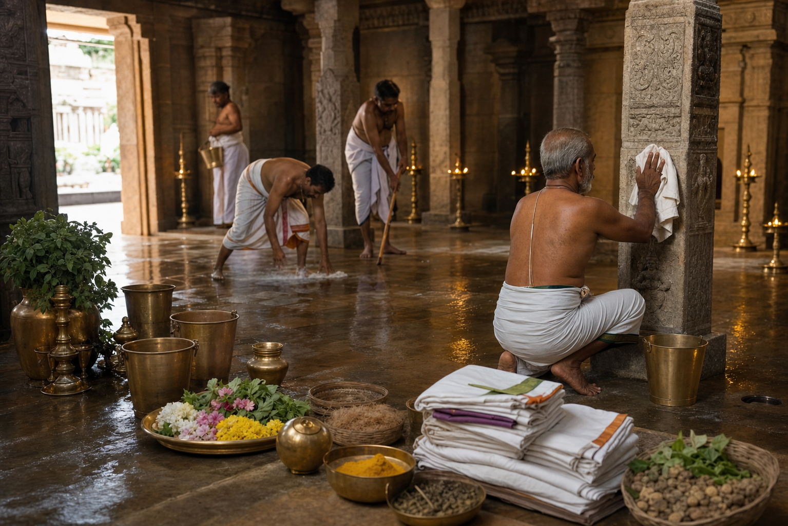 Temple attendants clean a stone hall beside brass vessels, herbs, cloths, and flowers prepared for a purification ritual.