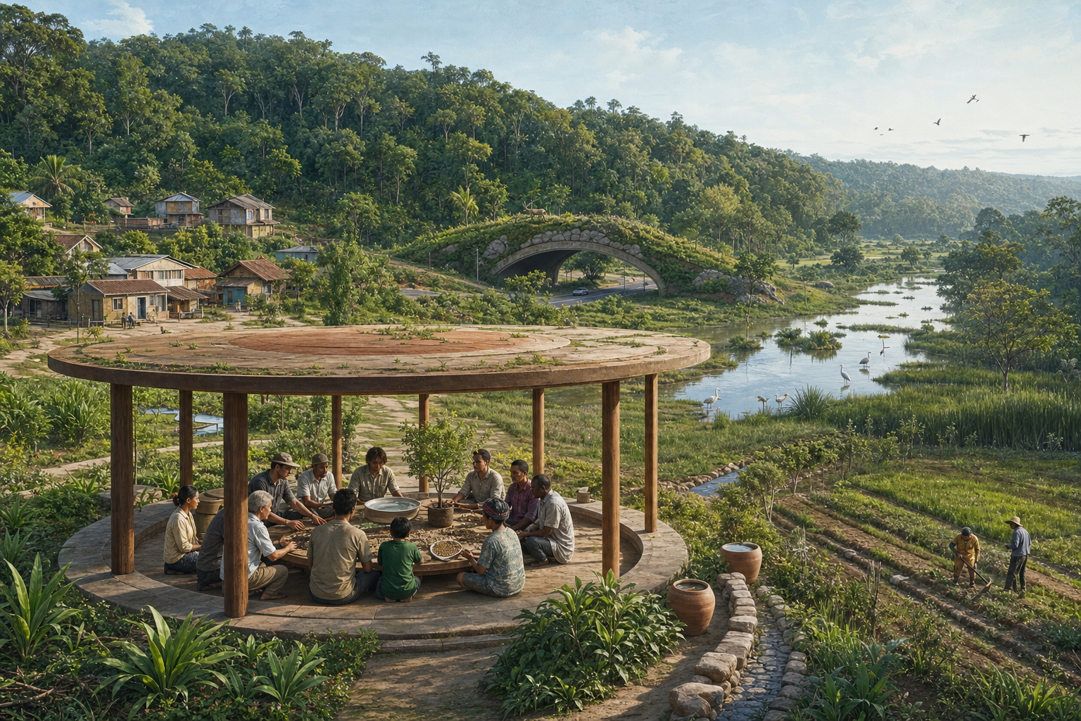A community meets in an open pavilion beside protected forest, wetlands, farmland, rainwater systems, and a wildlife crossing.