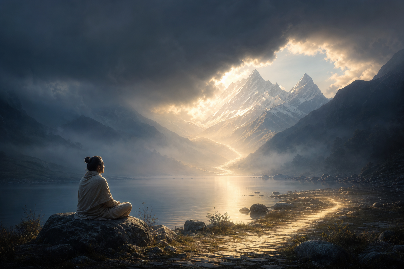 A seated seeker faces a mist-covered mountain lake as golden light breaks through the clouds and reveals a path.