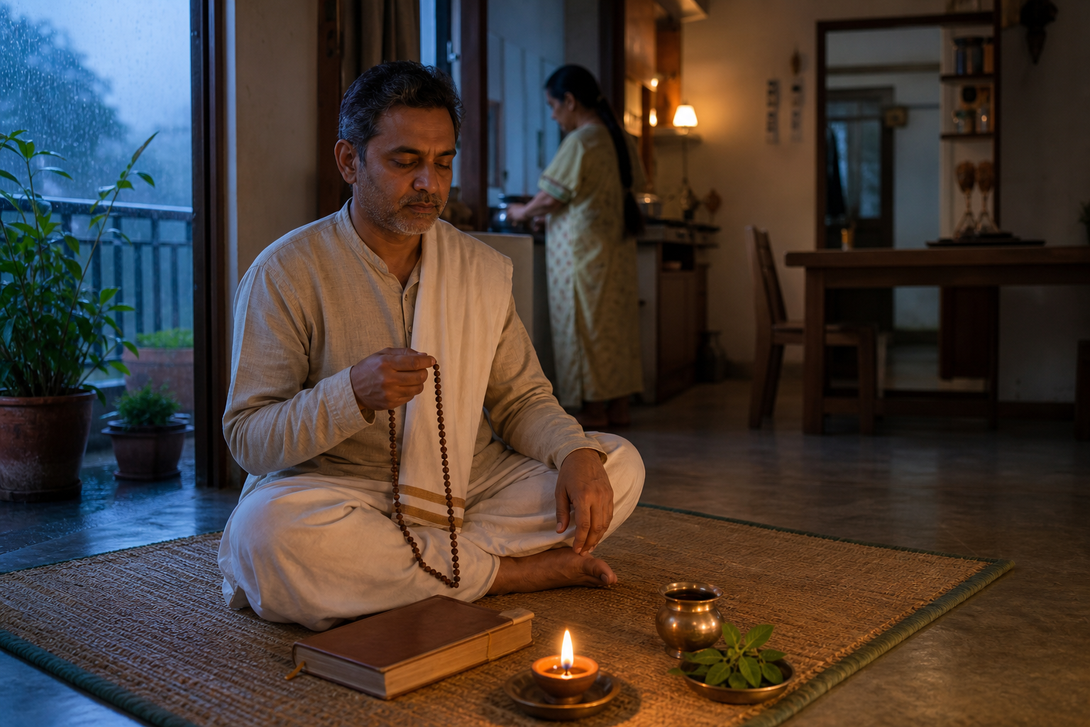 A householder begins the day with prayer beads, a lamp, a scripture, water, and tulsi leaves in a quiet home.