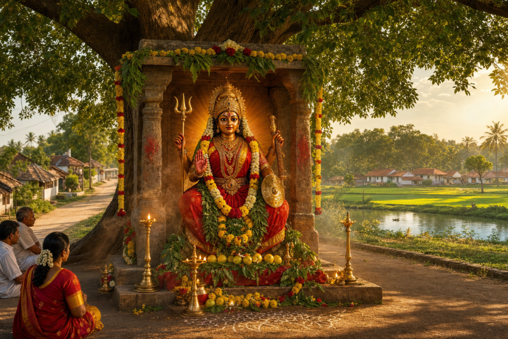 Digital illustration of a garlanded Pidari Amman shrine beneath a neem tree, overlooking a Tamil village, green fields and a pond at sunrise.