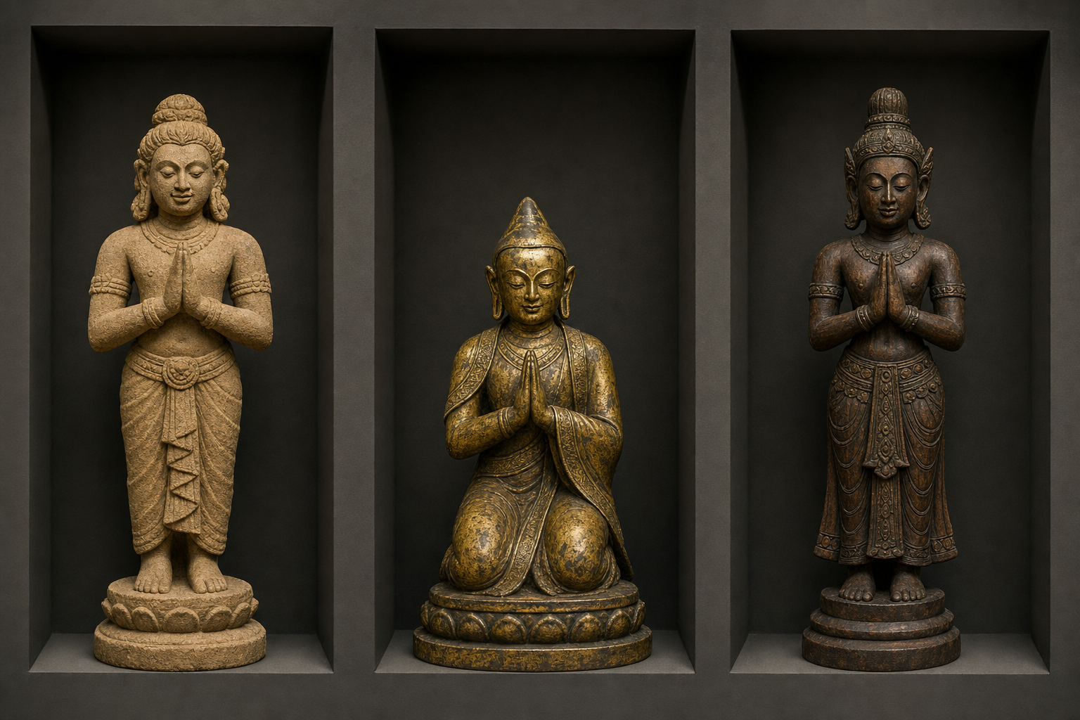 Sandstone, gilt-bronze, and carved-wood devotional figures in separate niches each hold their palms together.