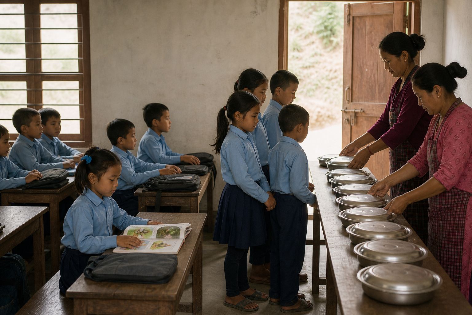 Students in a Nepali classroom prepare for a regularly scheduled meal as covered plates are arranged beside their desks and learning materials.