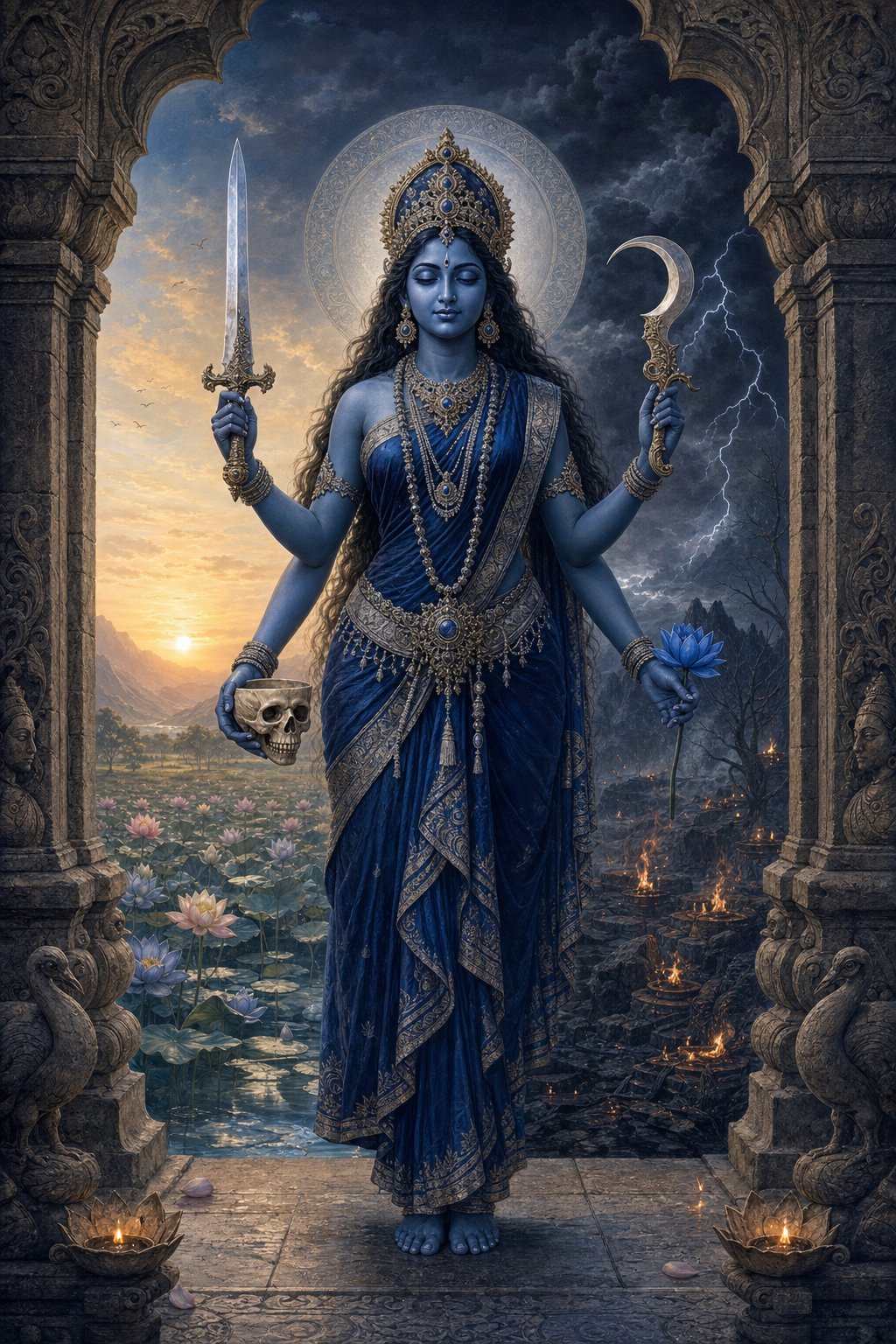 Neel Saraswati stands in a stone gateway holding a sword, curved ritual blade, skull cup, and blue lotus, with a calm pond on one side and a stormy landscape on the other.