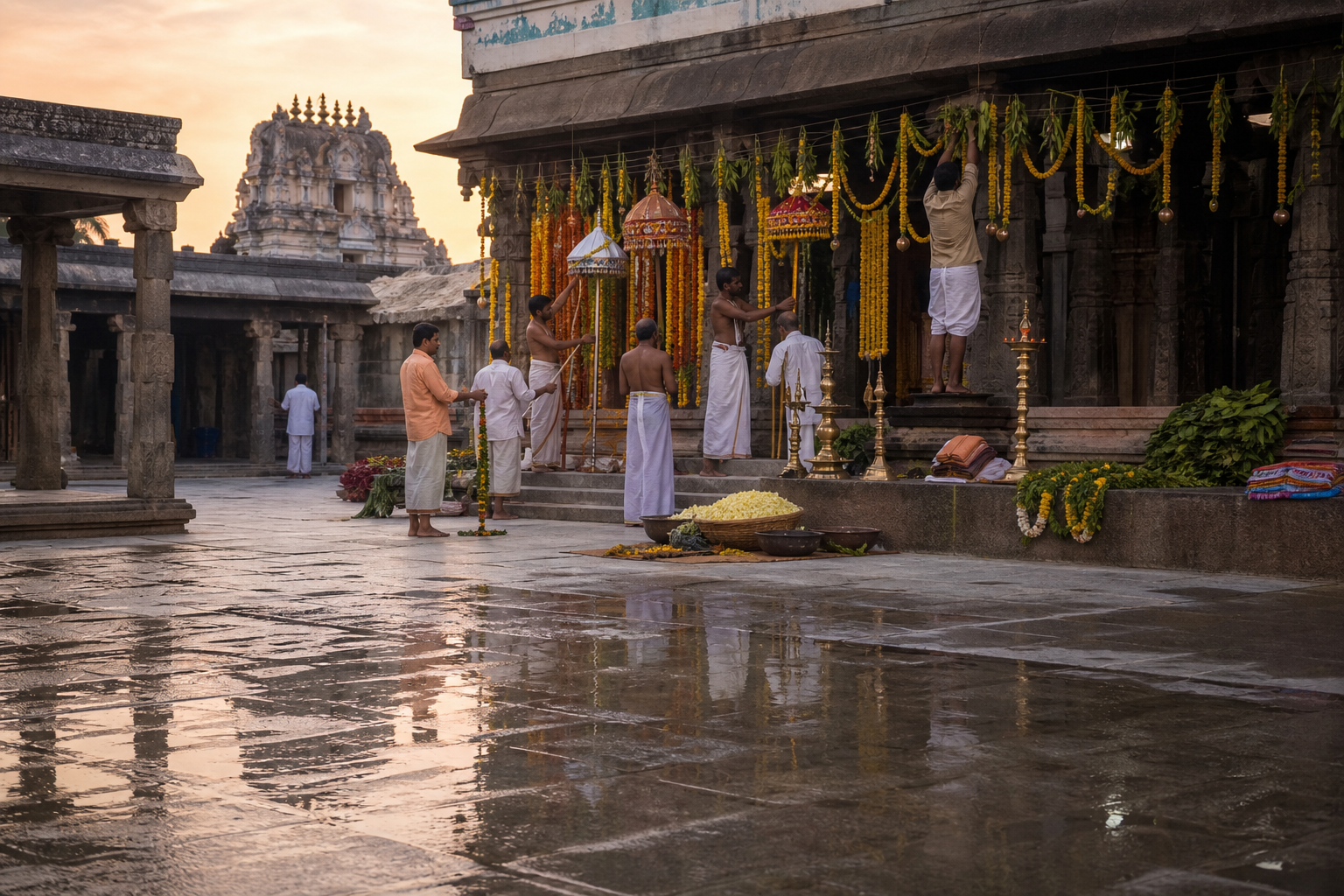 A freshly washed temple courtyard where attendants arrange garlands, lamps, umbrellas, and decorations for an upcoming festival.