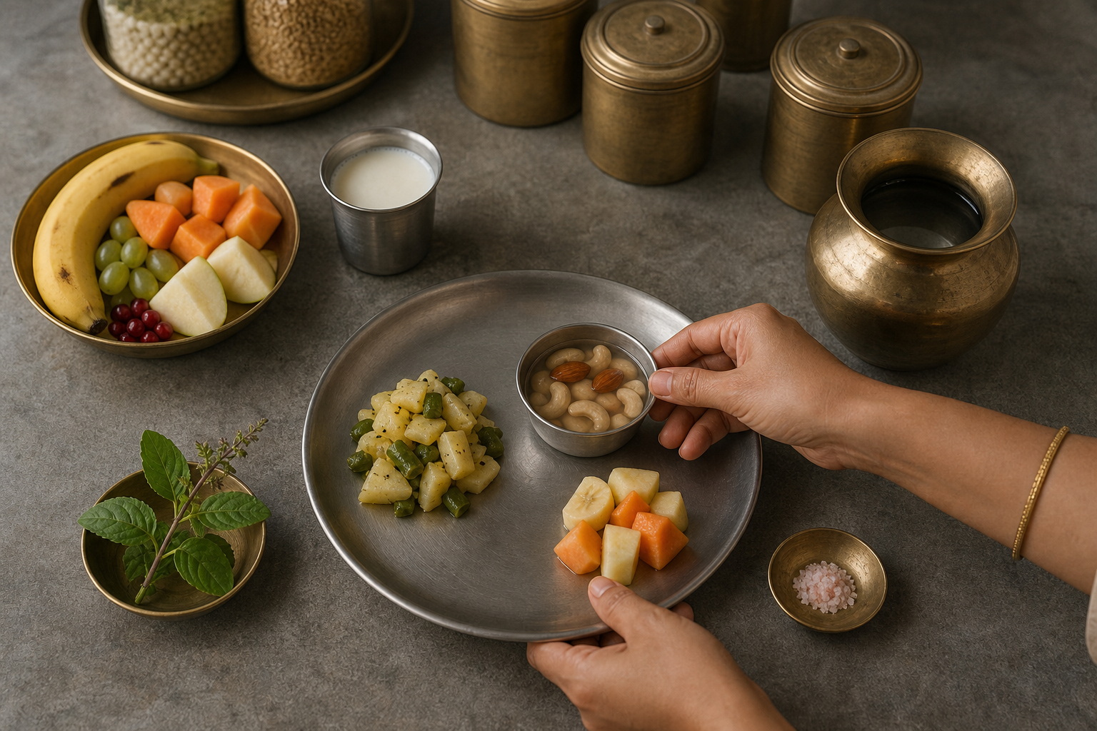 Hands prepare a modest Ekadashi plate with fruit, nuts, vegetables, milk, water, and tulsi leaves.