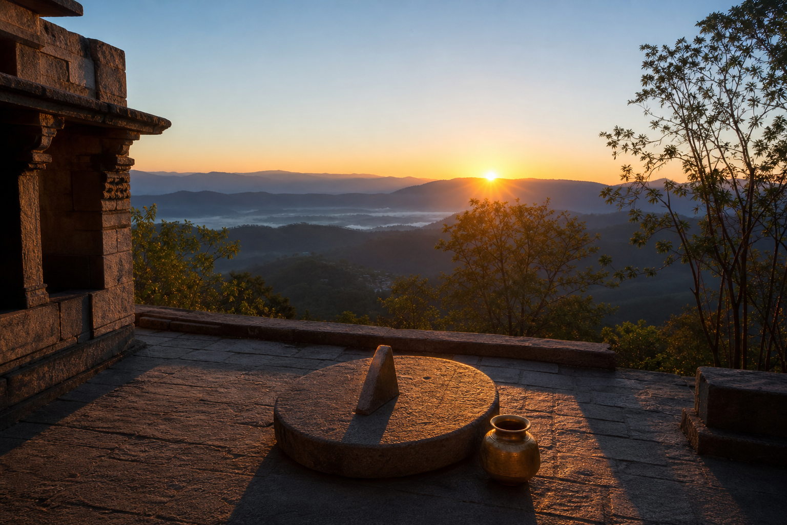 The sun rises over a misty hillside beyond a temple courtyard containing a stone sundial and a brass water vessel.
