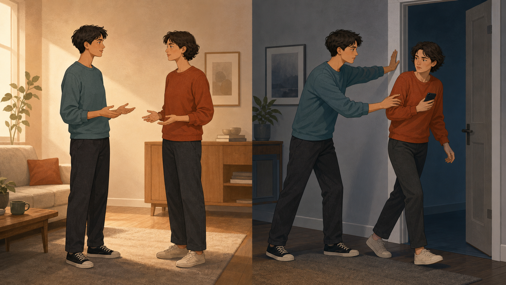 A split scene contrasts an equal, respectful conversation with controlling behavior involving a phone and a blocked doorway.