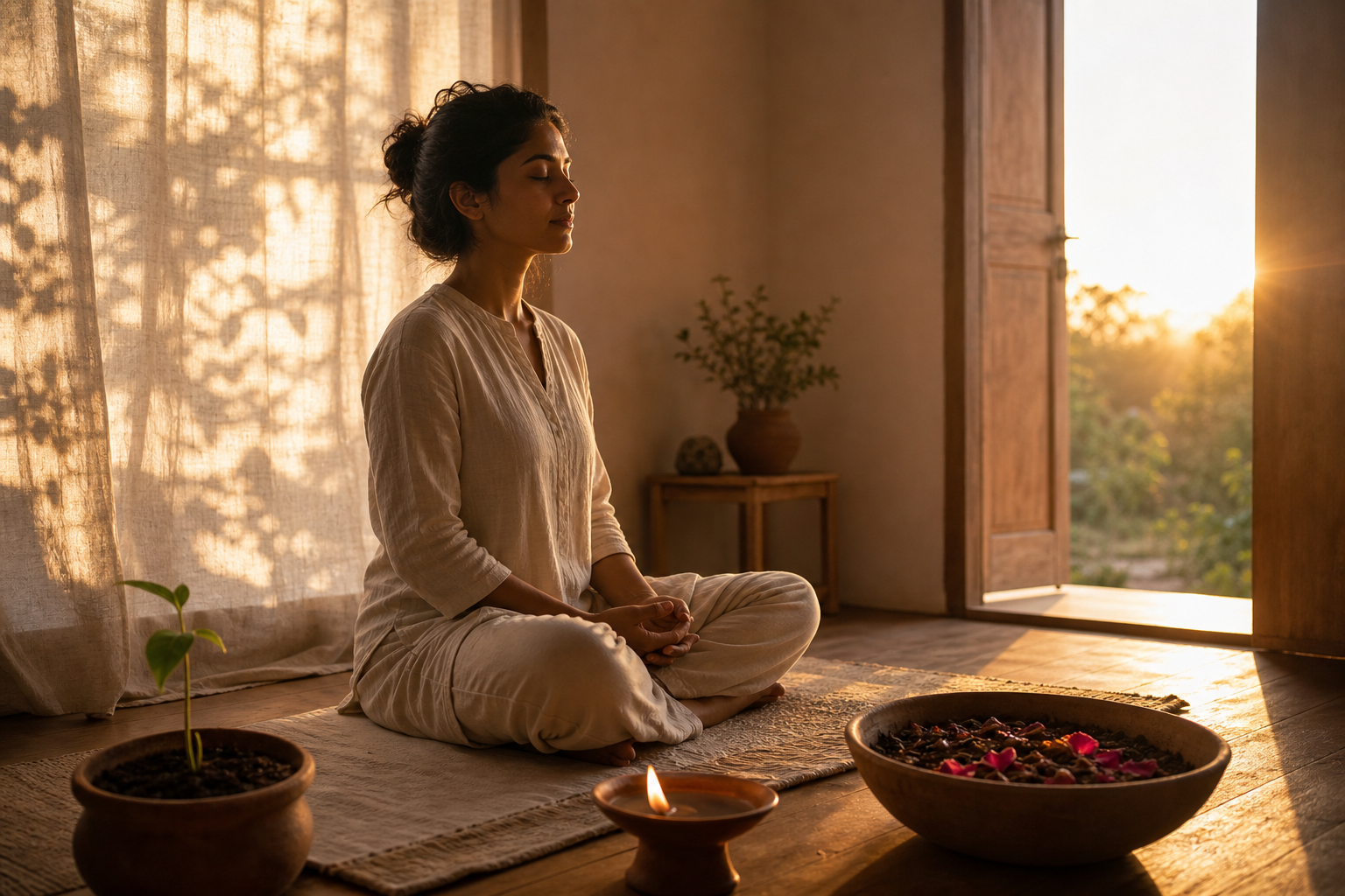 A person meditates at sunrise beside a sprout, an oil lamp, fallen petals, a translucent curtain and a bright doorway.