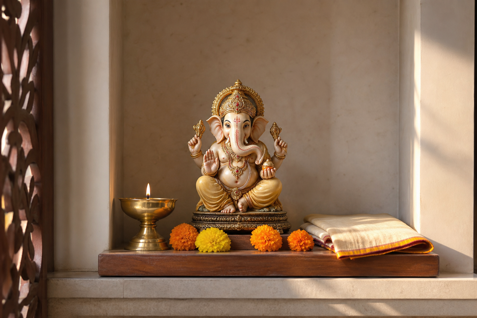 A Ganesh murti sits in a household prayer alcove with a brass lamp and fresh marigold flowers.