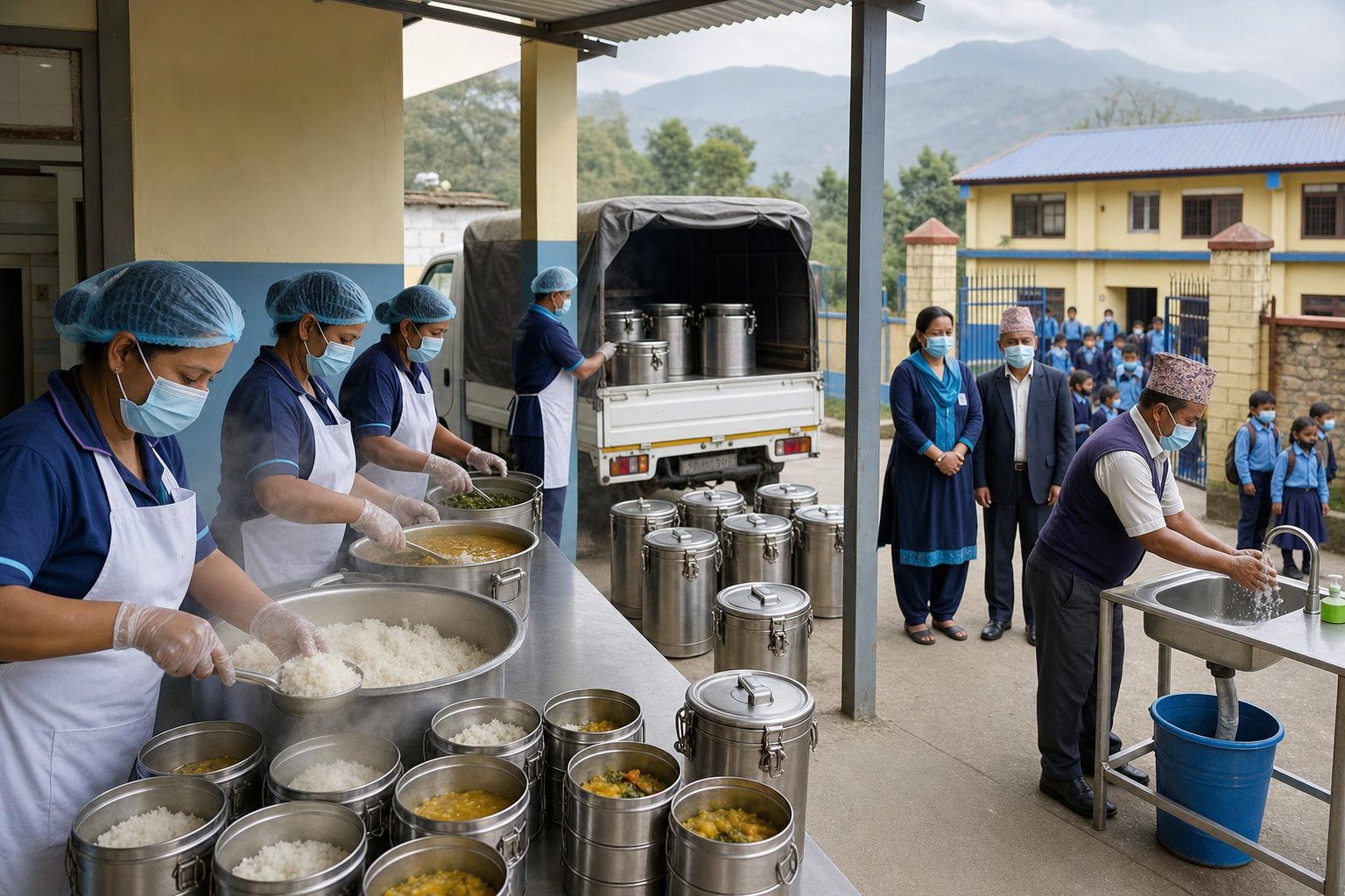 Kitchen workers portion a vegetarian meal into sealed containers while school staff prepare to receive the delivery at a handwashing station.