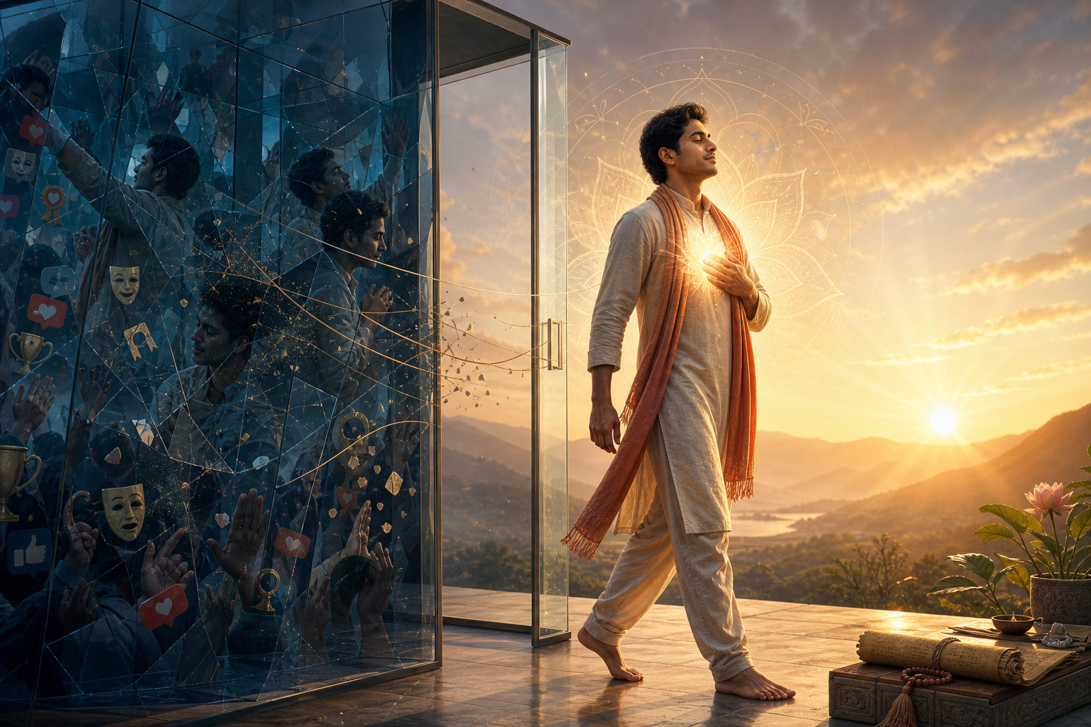 Serene South Asian man steps from a fractured mirrored enclosure into a golden sunrise, his hand resting over a lotus-like glow at his heart.