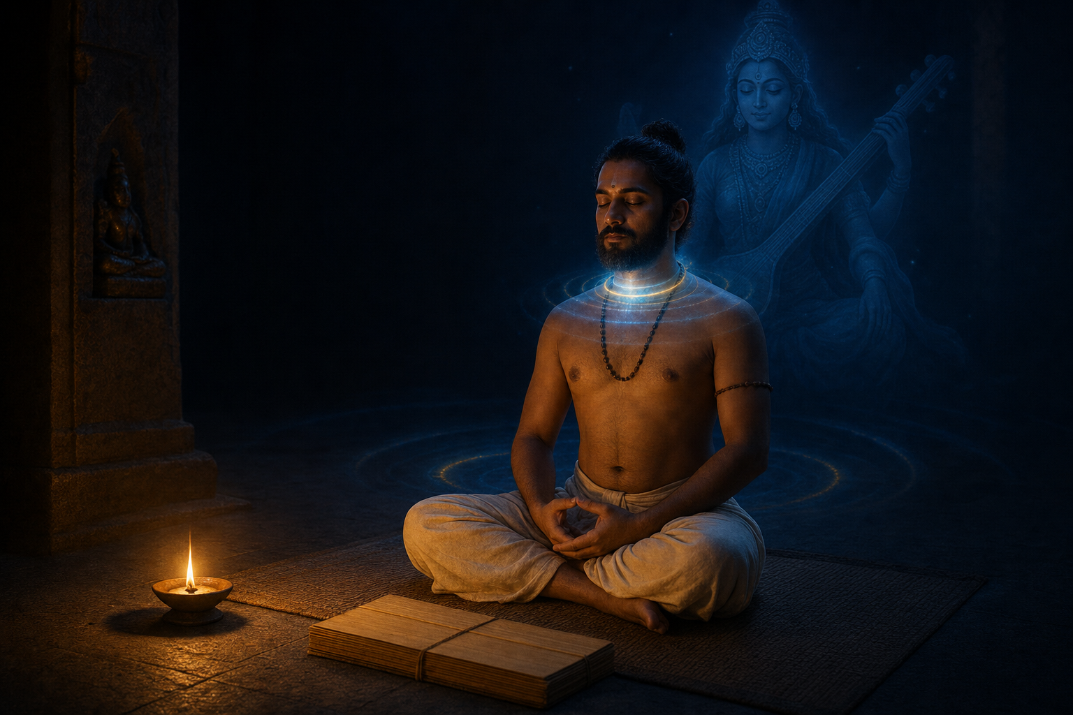 A seated practitioner meditates beside an oil lamp and an unmarked manuscript while a translucent blue goddess appears behind them and rings of light surround the throat.