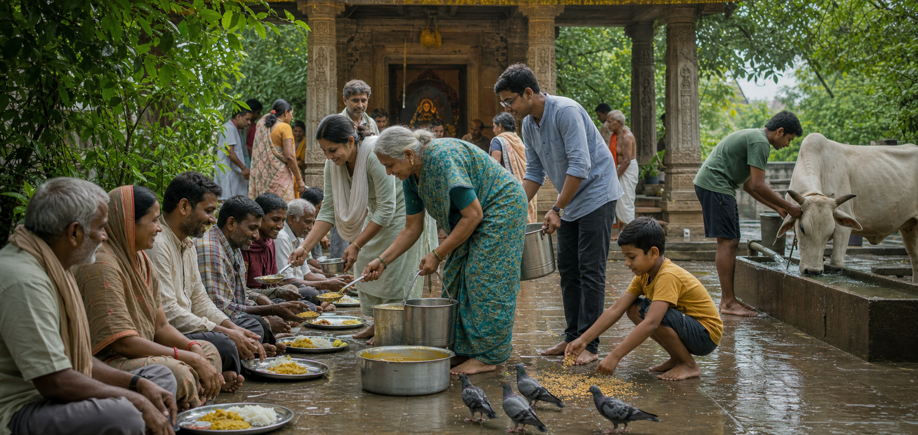 Householders serve meals and water in a rain-washed courtyard while a child feeds birds and a volunteer fills a cow's trough.