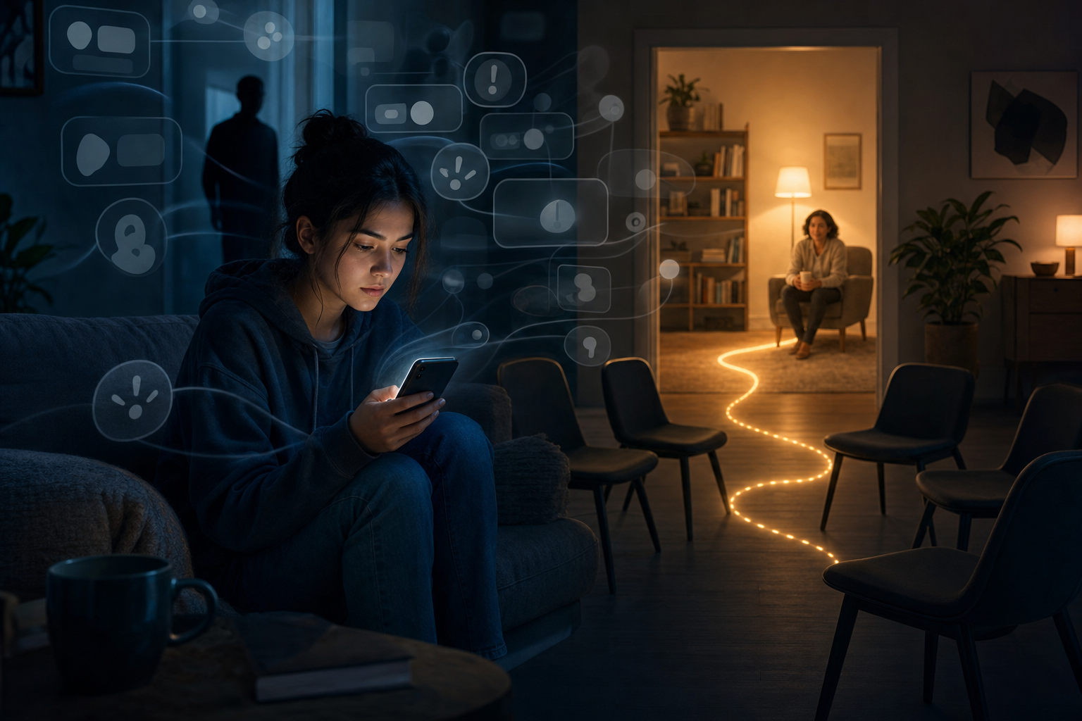 A young adult looks at a phone amid repeated notification shapes while a watched doorway and an illuminated path toward a trusted adult suggest online and offline safety concerns.