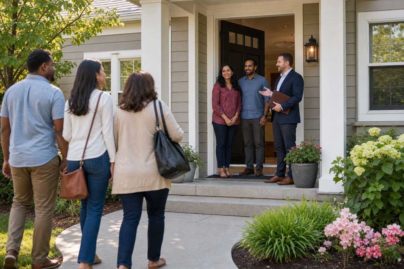 A diverse group of prospective buyers approaches an open suburban home where a South Asian couple and a real-estate professional are waiting.