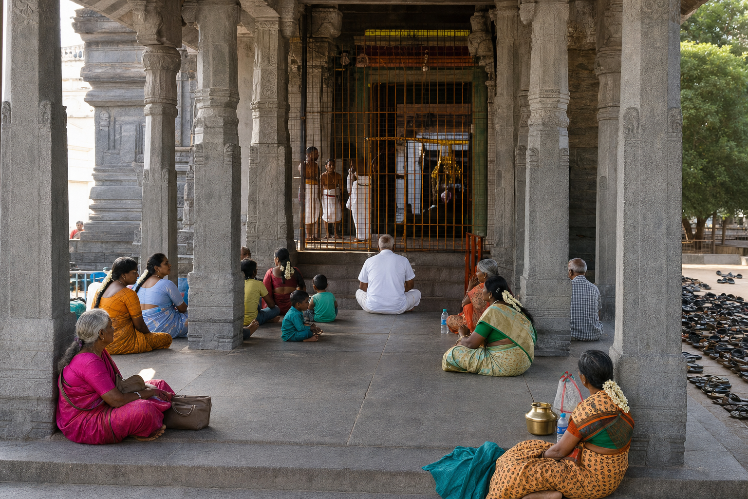 Pilgrims wait in a shaded area outside a closed temple gateway while preparations continue inside.