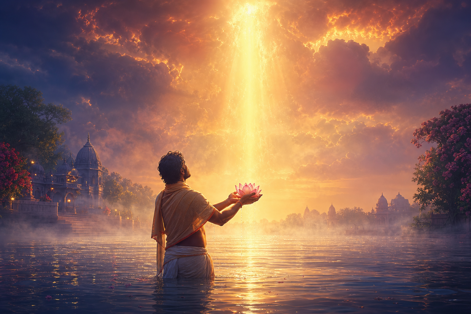 A devotee offers a lotus with open hands while standing in a misty river beneath descending golden light at dawn.