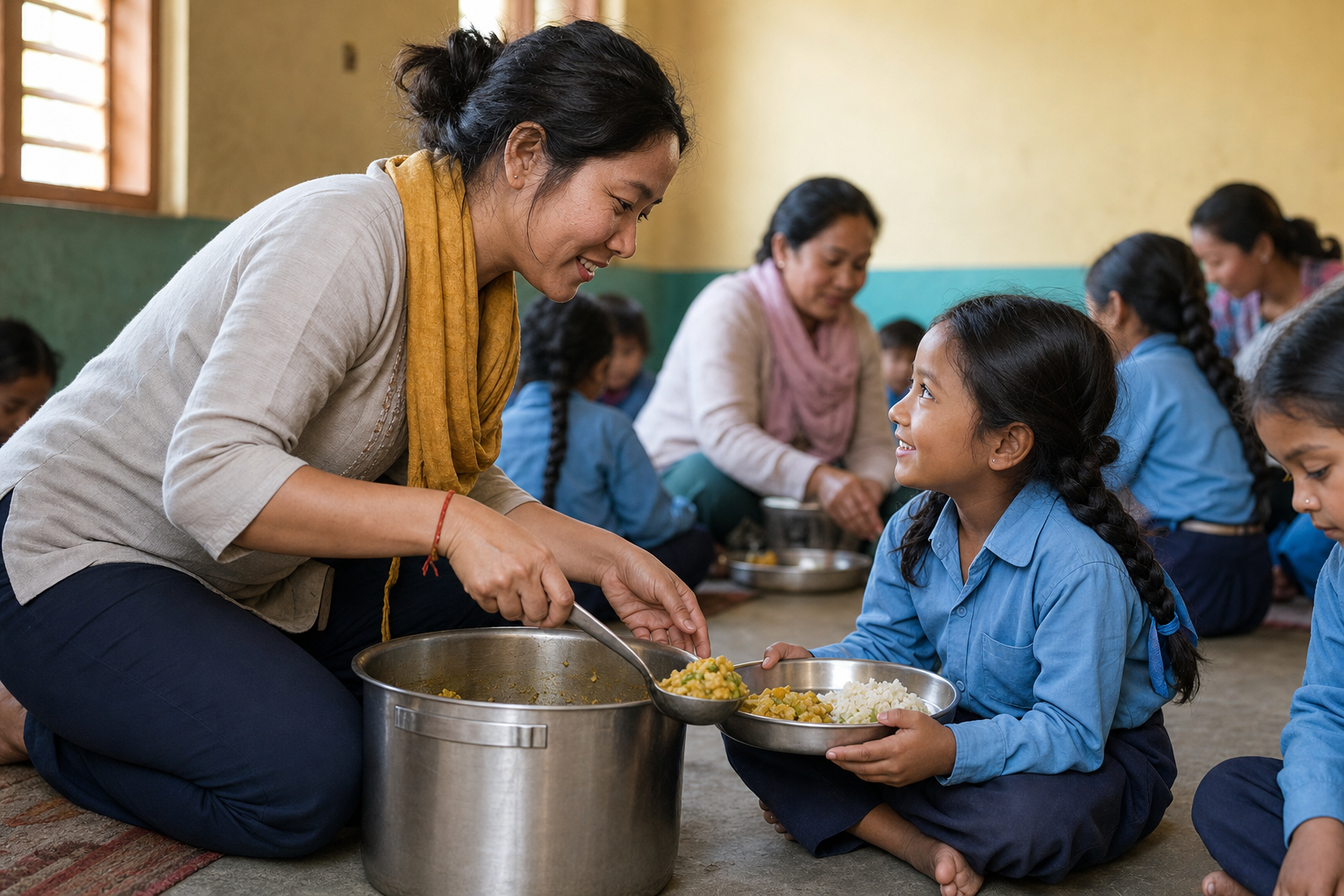 A volunteer serves a warm vegetarian meal to a seated student at eye level during a calm communal school lunch in Nepal.